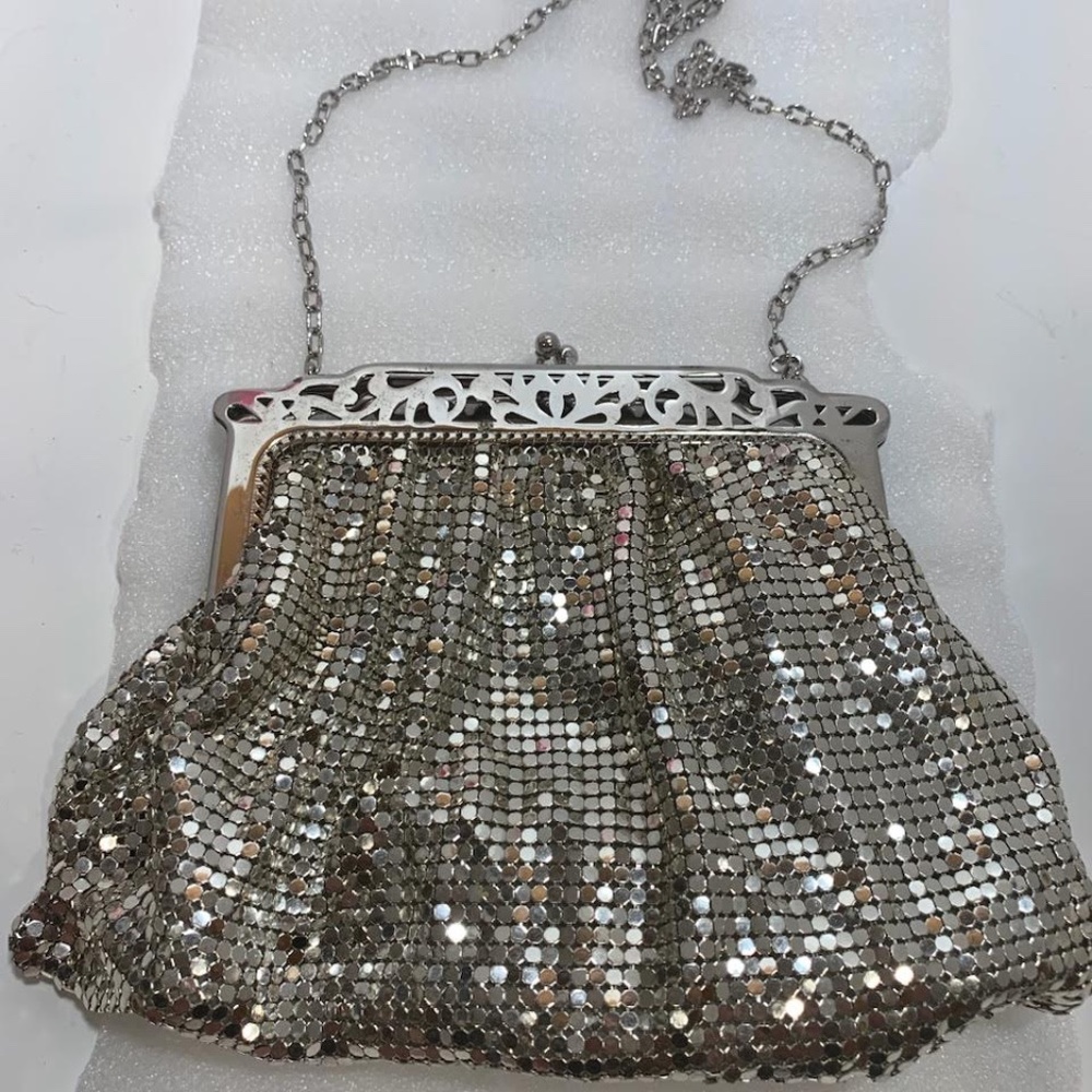 Whiting and Davis Vintage Shiny Silver Metal Mesh Purse, Chain strap